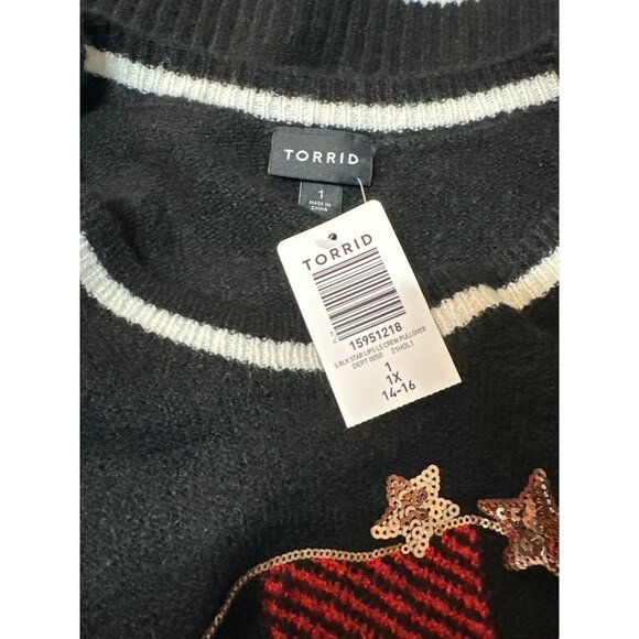 NWT Torrid Christmas Sweater Plaid Plump Lips Gold Sequin Stars Pullo Size 1X - Picture 6 of 7